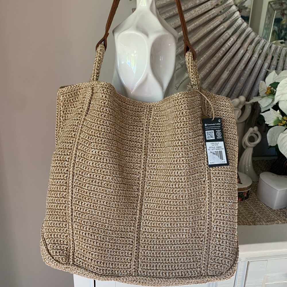 NWT The Sak Tan Crochet Large Tote with Brown Leather Handles Originally $299 - Picture 6 of 12